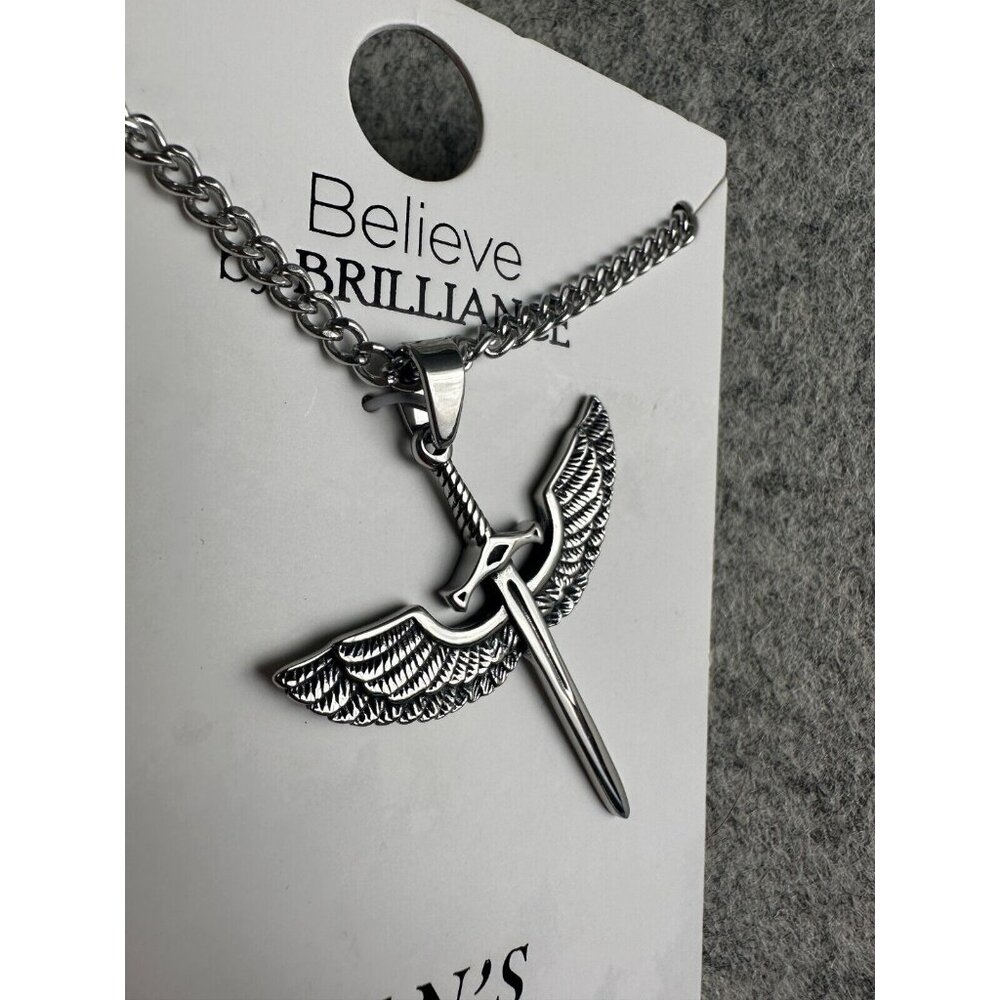 Believe by Brilliance Stainless Steel 24" Necklace‎ Silver Tone Cross with Wings